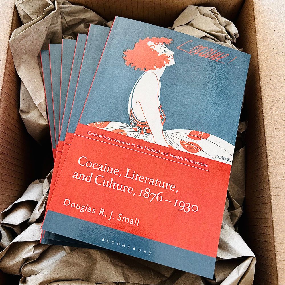 Copies of Cocaine Literature and Culture 1876-1930, in a paper packing box. The cover features a woman with a short bob and fashionable 1920s dress with the word ‘cocaine’ above her head