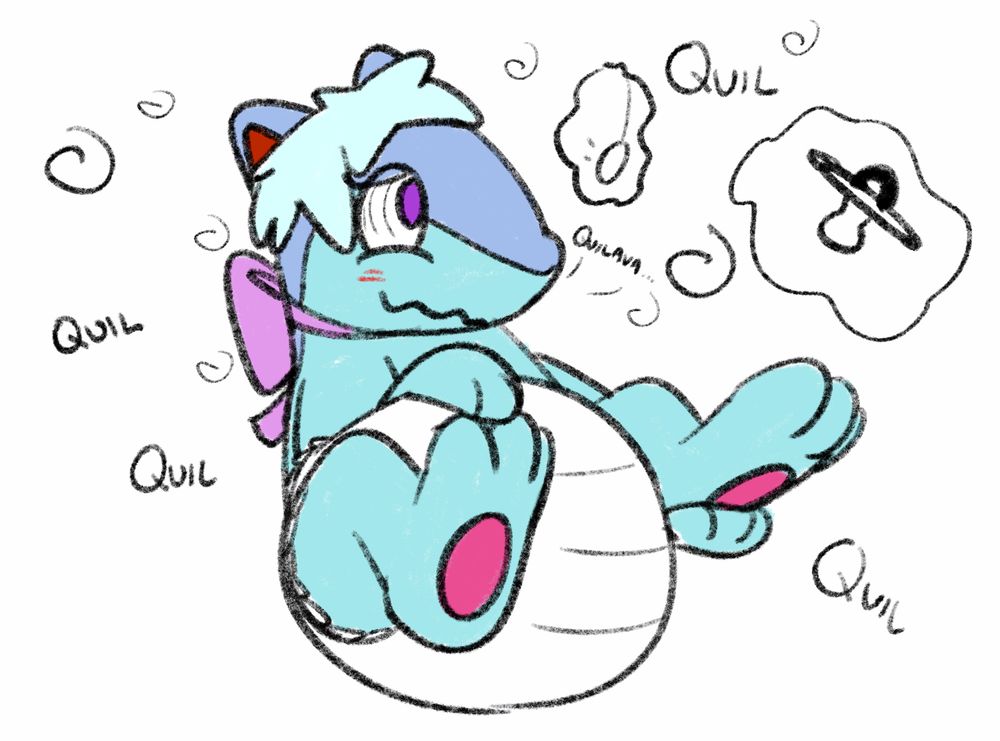 A diapered Quilava with hair is put under hypnosis. There is a floating pacifier.