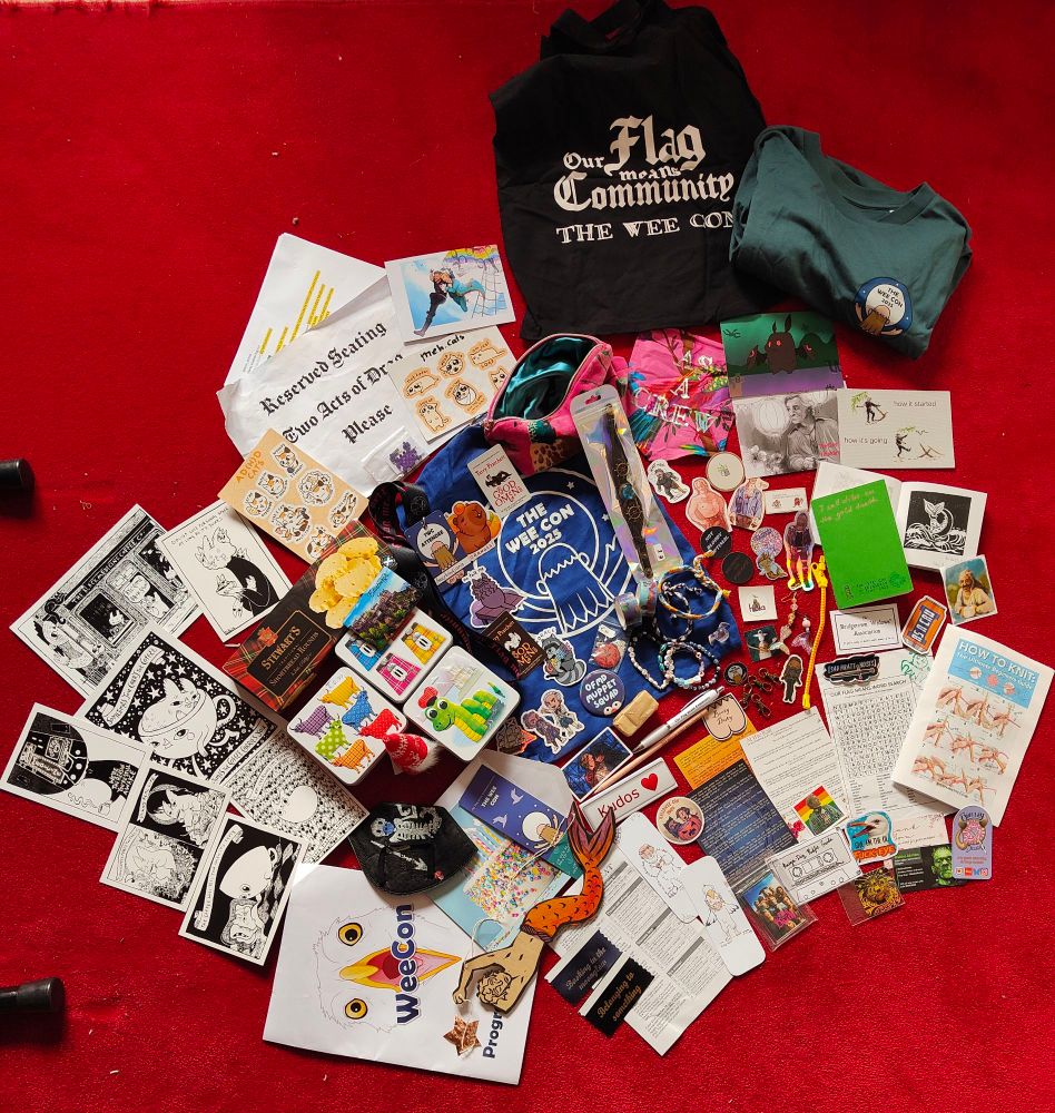 #TheWeeCon haul with tons of stickers, cards and swag bags as well as other varied gifts and purchases arranged on my living room floor.