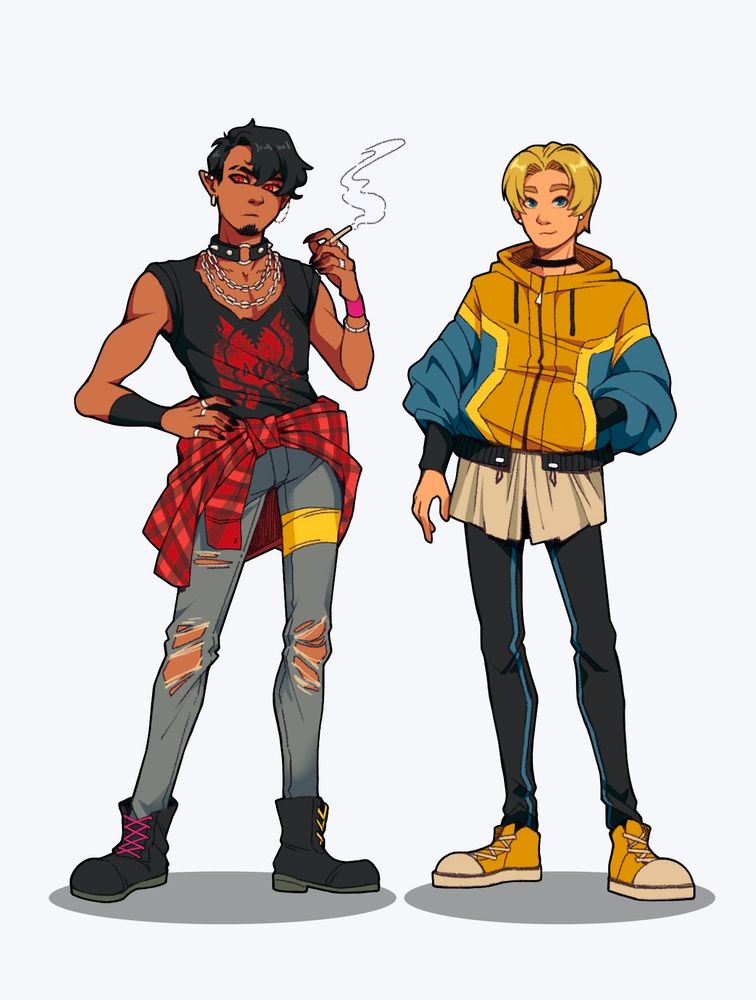 Wrathion and Anduin as teenagers in modern clothing.

Wrathion has his hair cropped short. He has multiple piercings on his ears and he's wearing punk-style clothing. He's smoking a cigarette.

Anduin has his MoP hairstyle and he's wearing a blue and gold sweater with some athletic leggings.