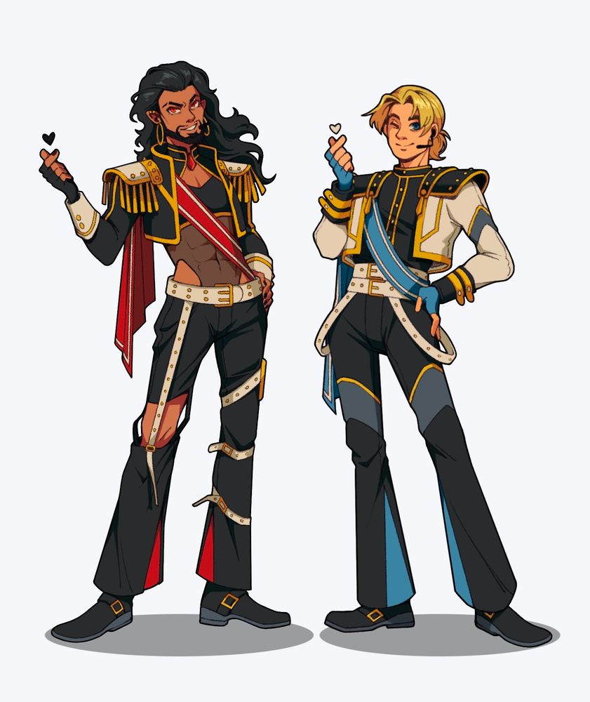 Wrathion and Anduin making heart symbols with their hands while wearing their boyband uniforms. Both of them are older and in their BfA designs. The uniform is princely and consists of a blue white and gold color scheme, with red accents for Wrathion and blue for Anduin.