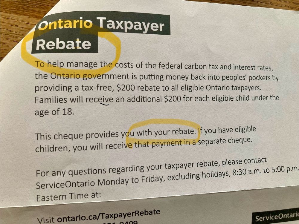 Ontario Taxpayer Rebate letter for $200 highlighted in yellow 