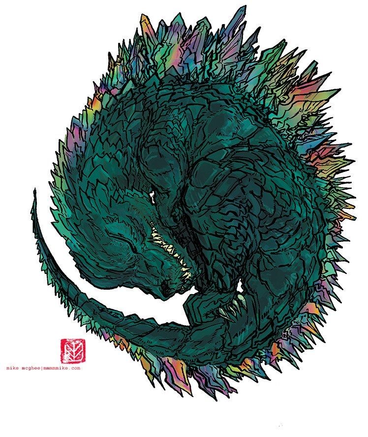 Old Kaijune peace of a Godzilla type Kaiju in a natal pose with rainbow tinted crystalline back spikes