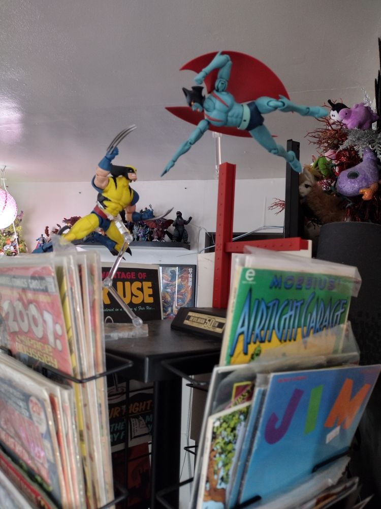 Gamerverse Wolverine and SH FigureArts leap at each other on top of my living room comic spinner rack. My shelf of Godzilla toys can be seen in the background. 

They tell me I am an adult, apparently.