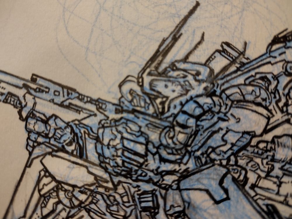 Just a little drawing of a mech guy holding a big energy bazooka with a double backpack for extra juice. Pen and ink on fabriano, roughly 3x4 inches