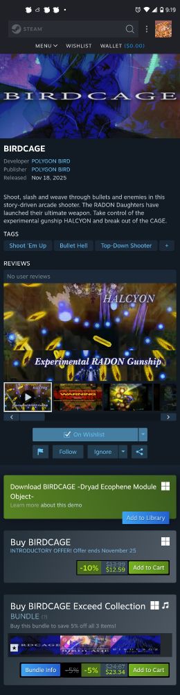 Long-scroll screenshot of the store page for the new shmup Birdcage, now live on Steam