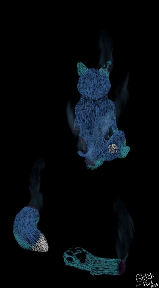 I know Alt text is meant to explain what is seen in an image, or the text, but I feel it's easier to explain the feelings in what is seen as my visuals don't matter as much as the concept.

A self portrait of myself, a blue wolf. This time as a digital pen-scratch piece. Glitch faces away from the viewer, not really willing to look back at the path or those watching him this time. There is an urge to disappear again, but the urge is overshadowed by the feeling I am falling apart. Pieces of me are no longer attached, holes and tears present on myself. All that is inside is a hollow feeling. If all of me were here, I'd be sitting normal. For now, there's nothing to look at. Just a feeling of losing myself somewhere along the way. As much as I feel it is a passing feeling, I also wonder if I even want to shoo it off or just let it happen. I've faded away before, I've vanished from so much. What's to stop me from vanishing again and seeing where I end up next. I never really go away forever. I'm not really sure whether or not I want to vanish this time, but it feels inevitable. Instead, I sit here as I lose more and more of myself in wondering if I escape or hold out a bit longer. I guess we will both see.