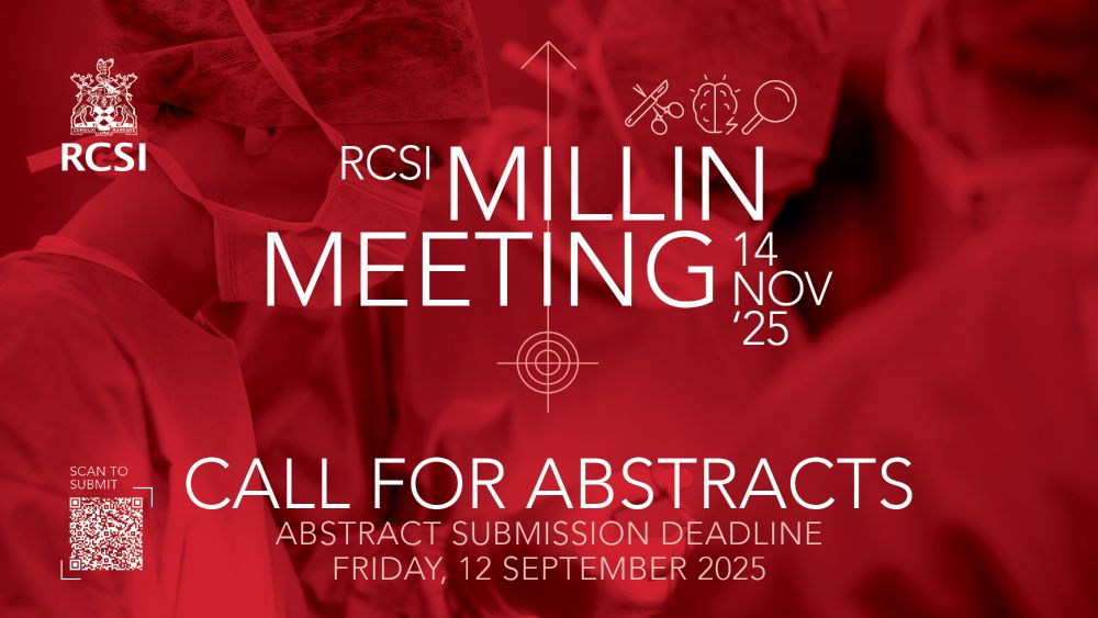 Promotional poster for the "RCSI Millin Meeting" on 14 November 2025. The background features a red-tinted photograph of surgeons in an operating theatre. The text prominently announces a Call for Abstracts, with a submission deadline of Friday, 12 September 2025. The RCSI crest is displayed in the upper left corner, along with icons representing surgery, neuroscience, and research. A QR code on the bottom left corner is included for abstract submission.