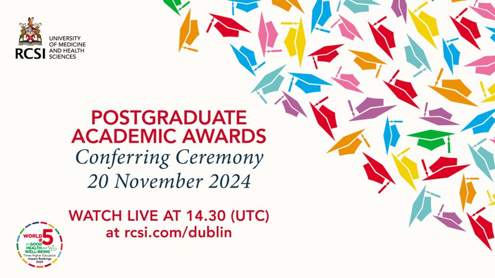 This image features a promotional graphic for the RCSI Postgraduate Academic Awards Conferring Ceremony scheduled for 20 November 2024. The text highlights that the event will be streamed live at 14:30 UTC on the RCSI website (rcsi.com/dublin). The design includes colorful mortarboards scattered across the top-right corner, symbolizing graduation and celebration. 