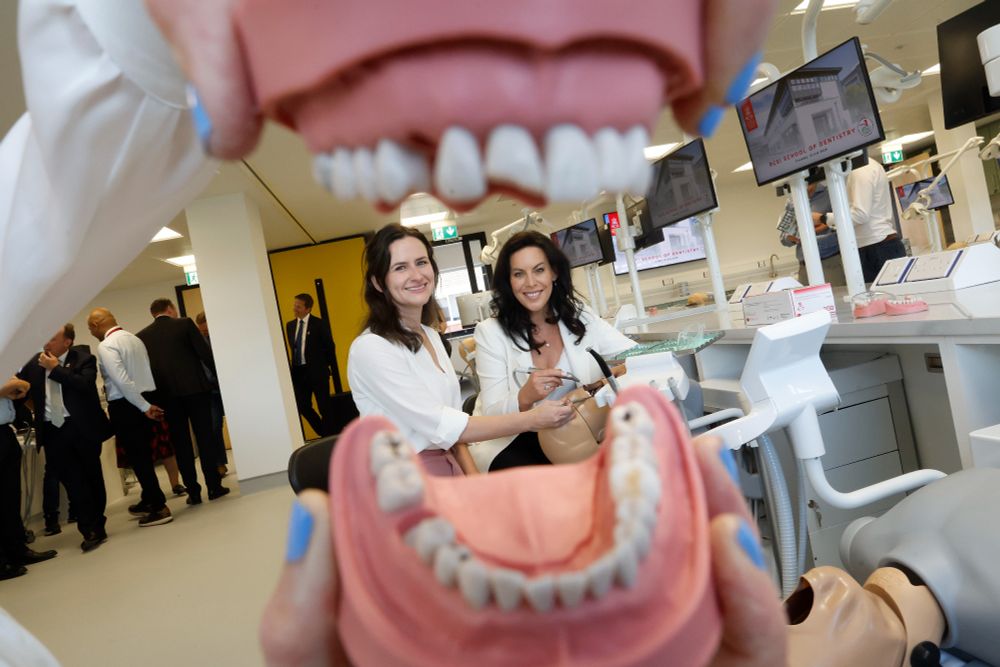 Minister for Health Jennifer Carroll MacNeill and a colleague smile as they demonstrate dental tools on a training mannequin, framed creatively through a dental model’s open mouth. The modern dental simulation lab is visible in the background with RCSI School of Dentistry branding on the monitors.