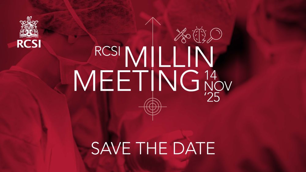 Graphic image promoting the RCSI Millin Meeting, scheduled for 14 November 2025. The background features a red-toned image of surgeons in scrubs and masks. Text reads: 'RCSI Millin Meeting 14 Nov ’25 – Save the Date'. The RCSI crest and logo appear in the top left corner, and small icons representing surgery, neurology, and research are placed above the event name.