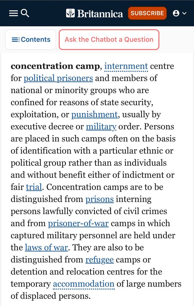 concentration camp definition from Britannica.com: 
internment centre for political prisoners and members of national or minority groups who are confined for reasons of state security, exploitation, or punishment, usually by executive decree or military order. Persons are placed in such camps often on the basis of identification with a particular ethnic or political group rather than as individuals and without benefit either of indictment or fair trial. 

Concentration camps are to be distinguished from prisons interning persons lawfully convicted of civil crimes and from prisoner-of-war camps in which captured military personnel are held under the laws of war. They are also to be distinguished from refugee camps or detention and relocation centres for the temporary accommodation of large numbers of displaced persons.