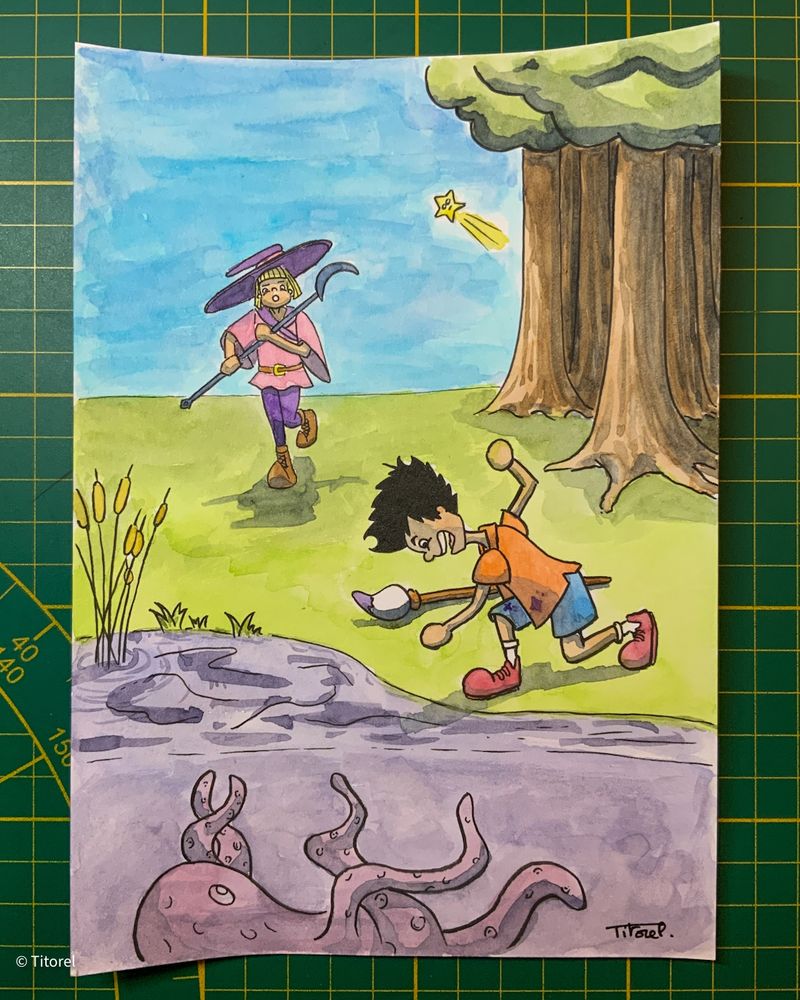 Colored illustration a boy standing next to a pond with a giant octopus hiding inside. In the background a little witch is running toward the boy.