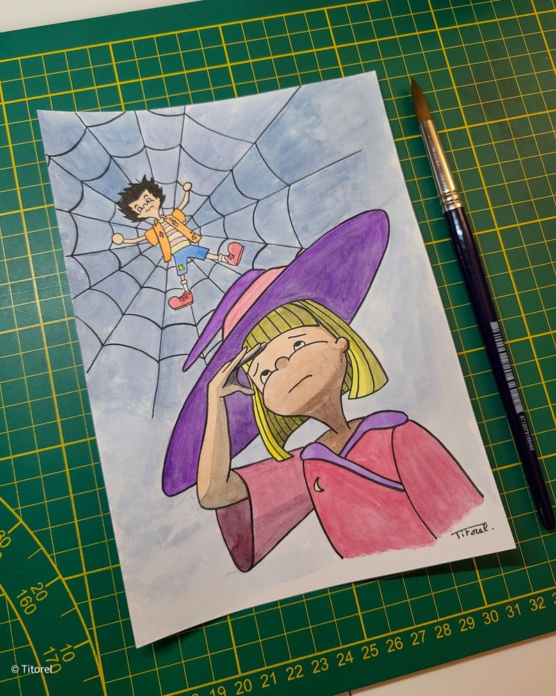 Drawing of 2 cartoon character, one in the background stuck in a spider's web and an other one in the foreground watching hil from below, not pleased