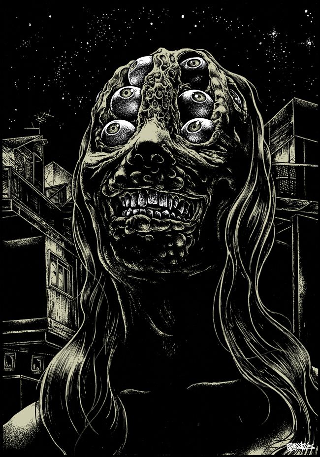 Illustration of a being looking up at the nightsky, smiling. She has long hair, Her mouth is covered in bulges and pustules and She has 6 eyes, nestled in deep vertical flesh holes in pairs down Her forehead, looking different directions. Behind her, buildings are sprawled out, framing the clear starry night.