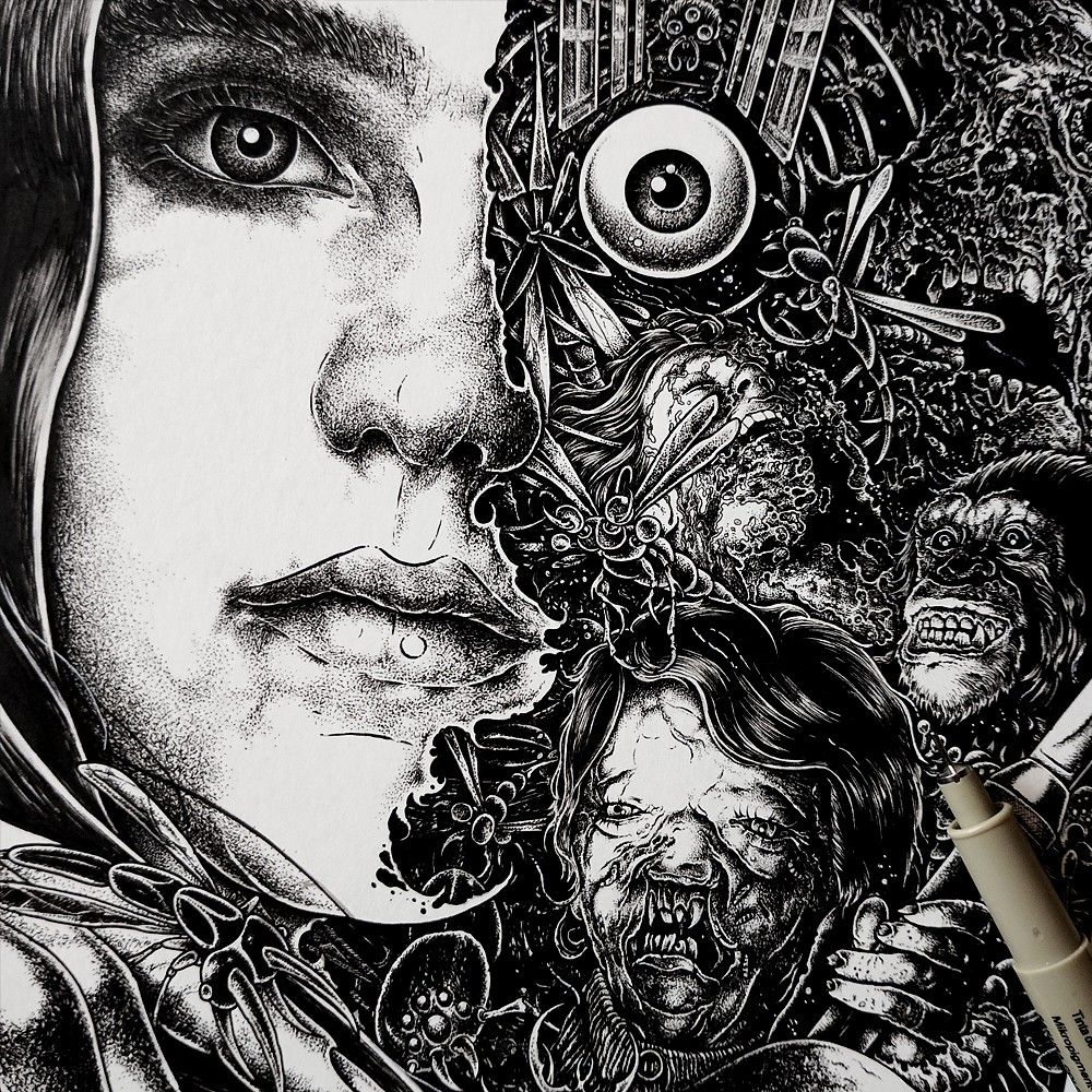 Closeup inks shot of a 'Phenomena' piece. Featuring a corroding Jennifer Connelly, eye floating a la Creepers poster, mutant child, odd bugs, crazed chimp and assorted victims in a maelstrom of unearthly terror. Closeup inks shot of a 'Phenomena' piece. Featuring a corroding Jennifer Connelly, eye floating a la Creepers poster, mutant child, oddly anatomized bugs, crazed chimp and assorted victims in a maelstrom of unearthly terror.