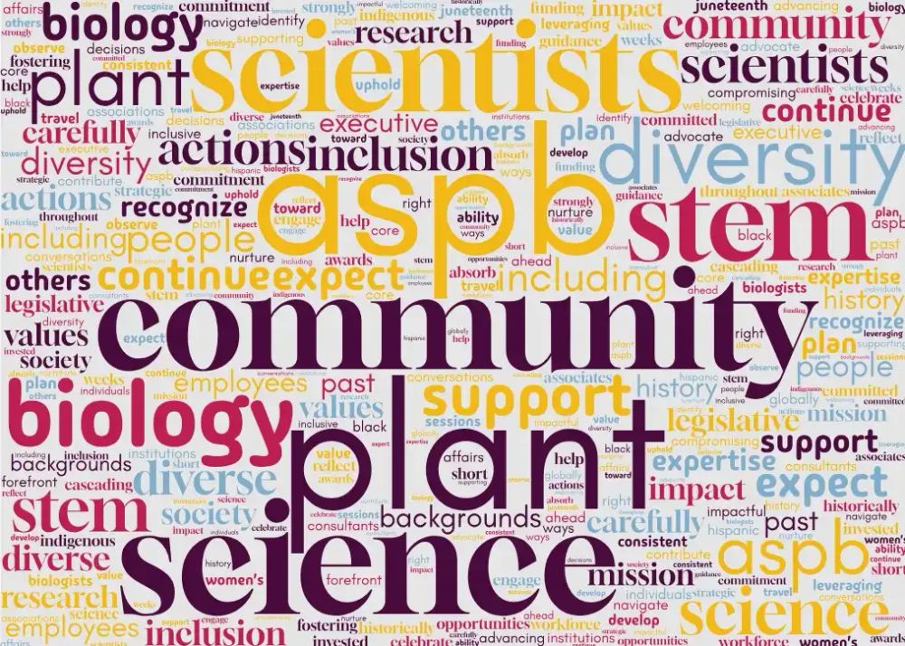 Wordcloud with the words community, ASPB, scientists, biology, plant, stem, diversity and science highlighted