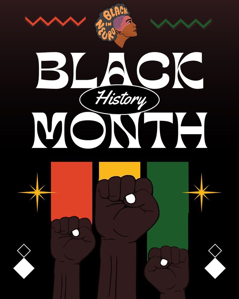 A Black history month flyer with a black background and brown fists in the air. Behind the fists are red, yellow, and green stripes with the Black In Neuro logo at the top center.