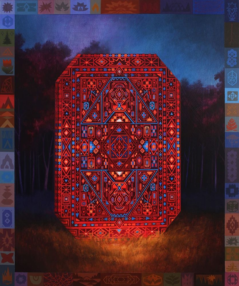 a painting of woods at dusk or twilight with a metaphysical, glowing object with lots of geometric facets