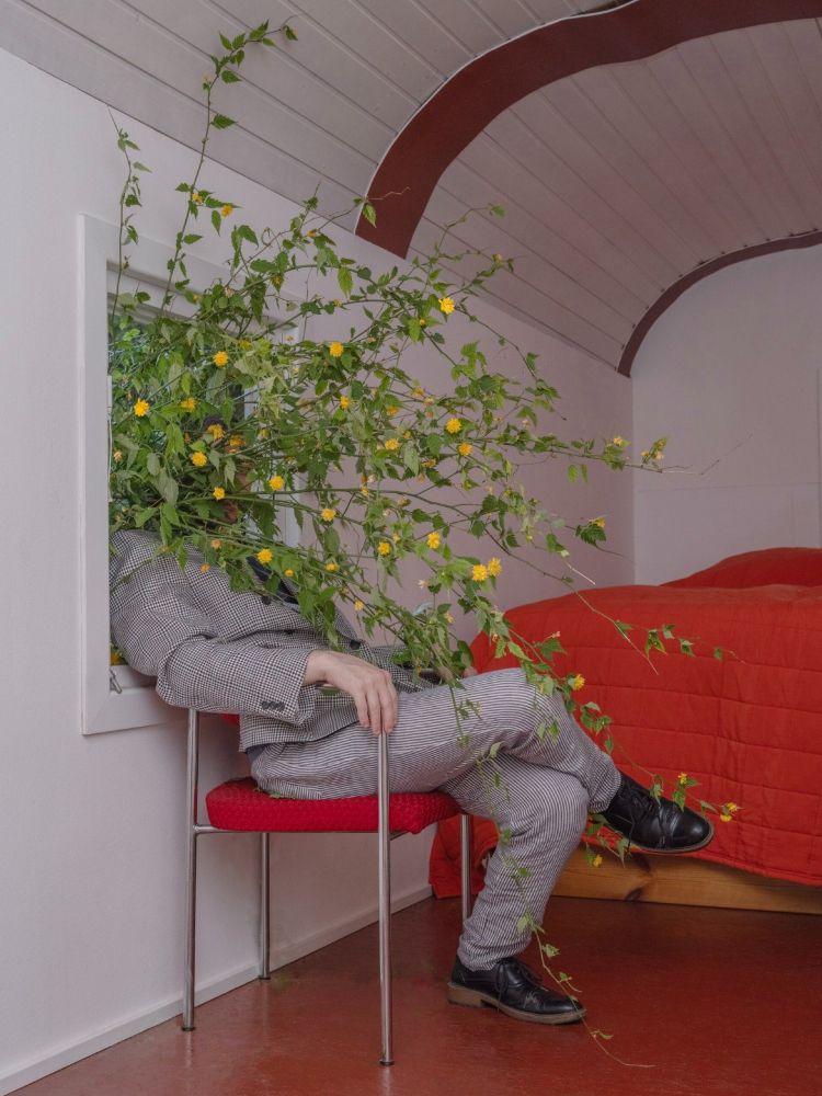 a man in a gray suit seated in a red chair is obscured by weeds bursting through a window