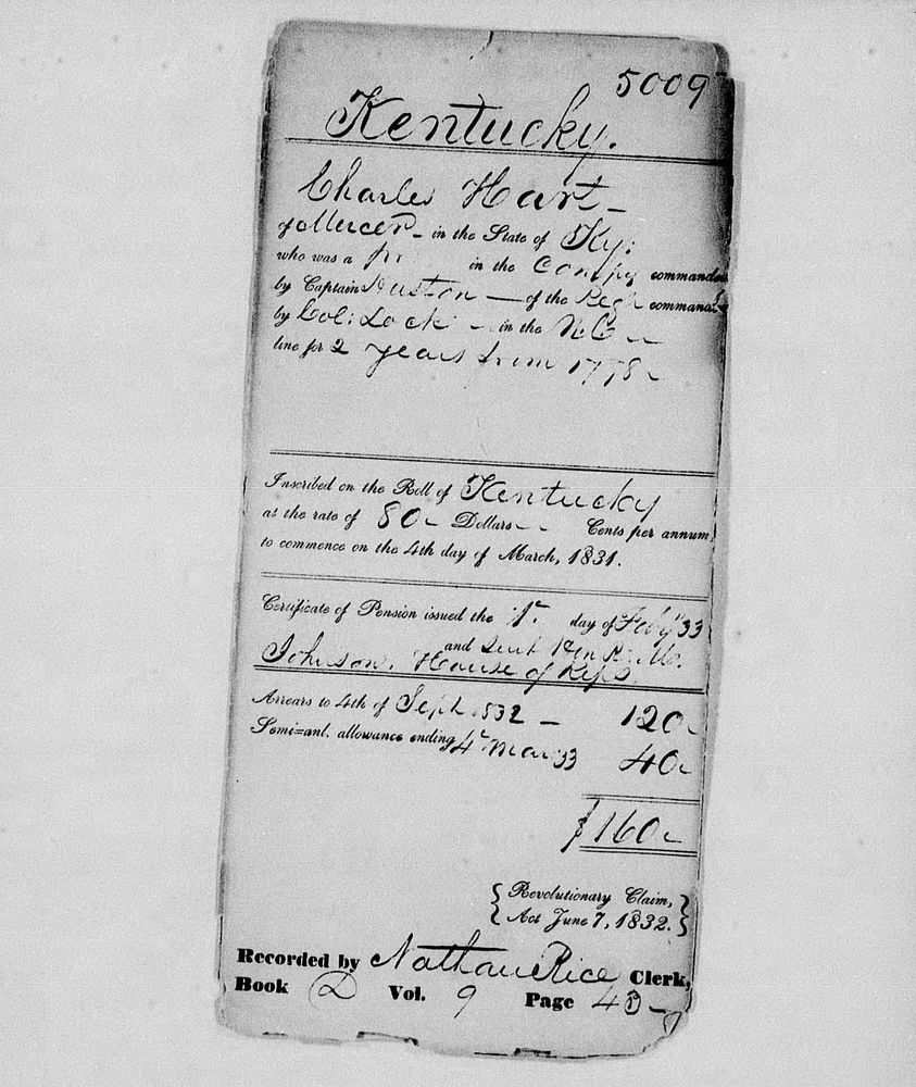 an excerpt in cursive handwriting of an application for a Revolutionary War soldier named Charles Hart