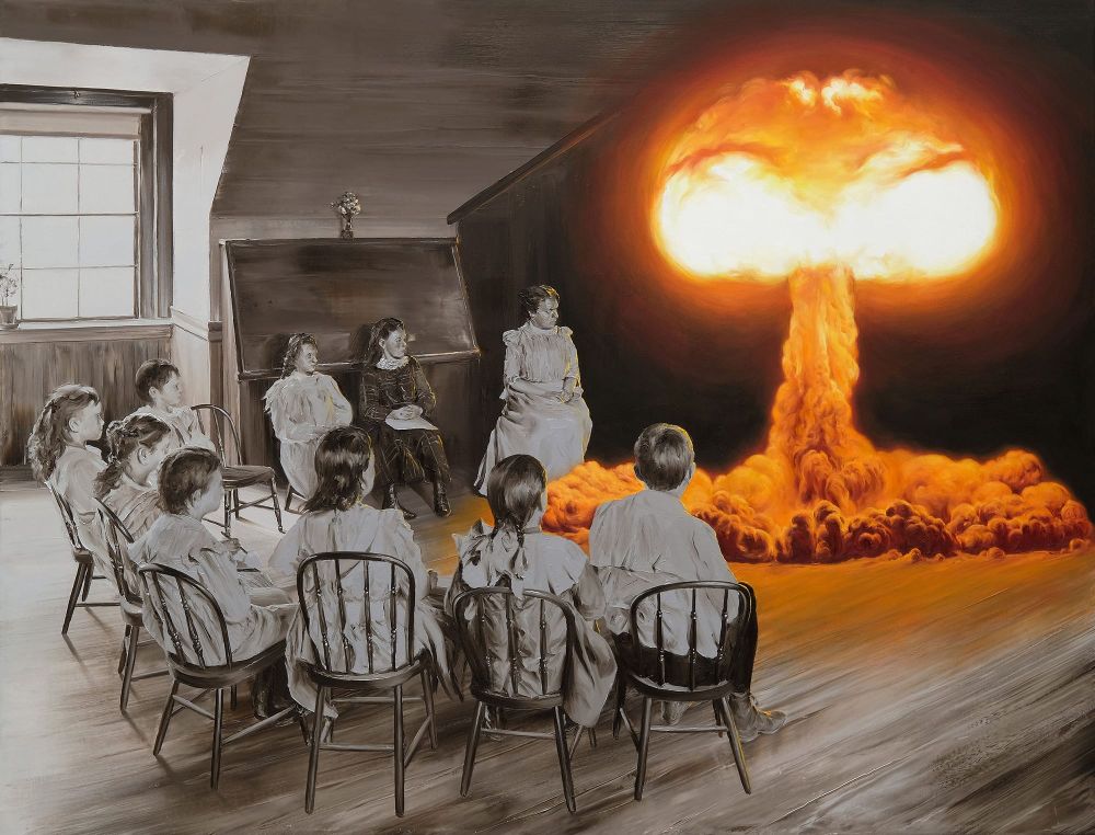 children sit in a schoolroom and watch a fiery explosion in the corner