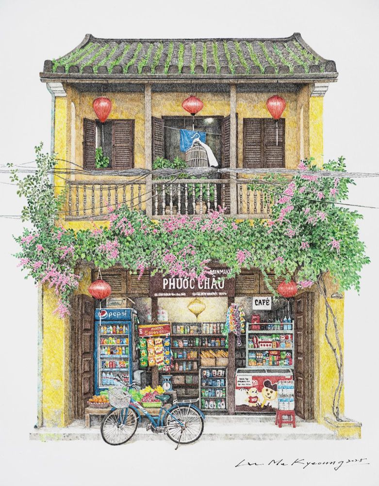 a delicate drawing of a small shop with a tree