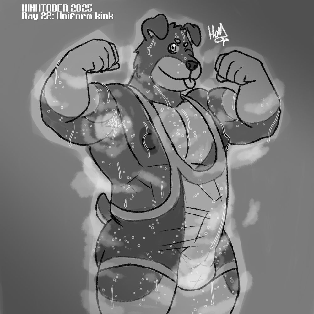 #KINKTOBER2025
Darcy, a rottweiler, cheerfully flexes in his singlet, sweat and musk covering him head to toe, his erection throbbing and straining the singlet. He offers a cute adorable blep as well.