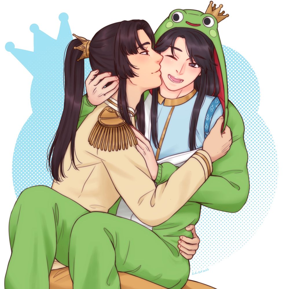 Jin Ling dressed as Prince Charming holding Lan Sizhui wearing a frog kigurumi over a prince's outfit, kissing his cheek and removing the frog costume