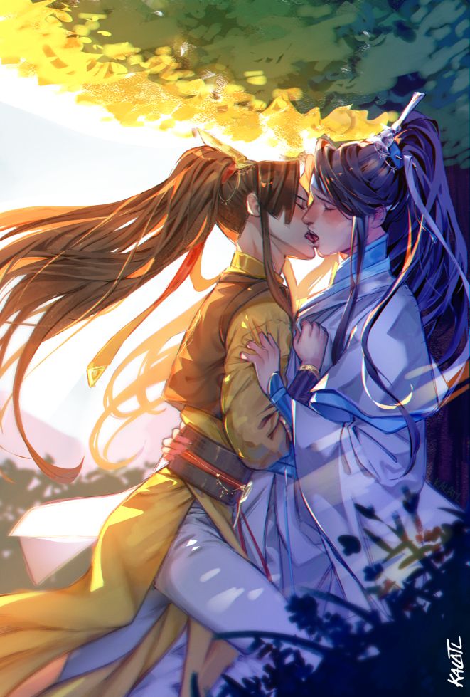 Boy in yellow pushing boy in white against a tree and kissing him passionately