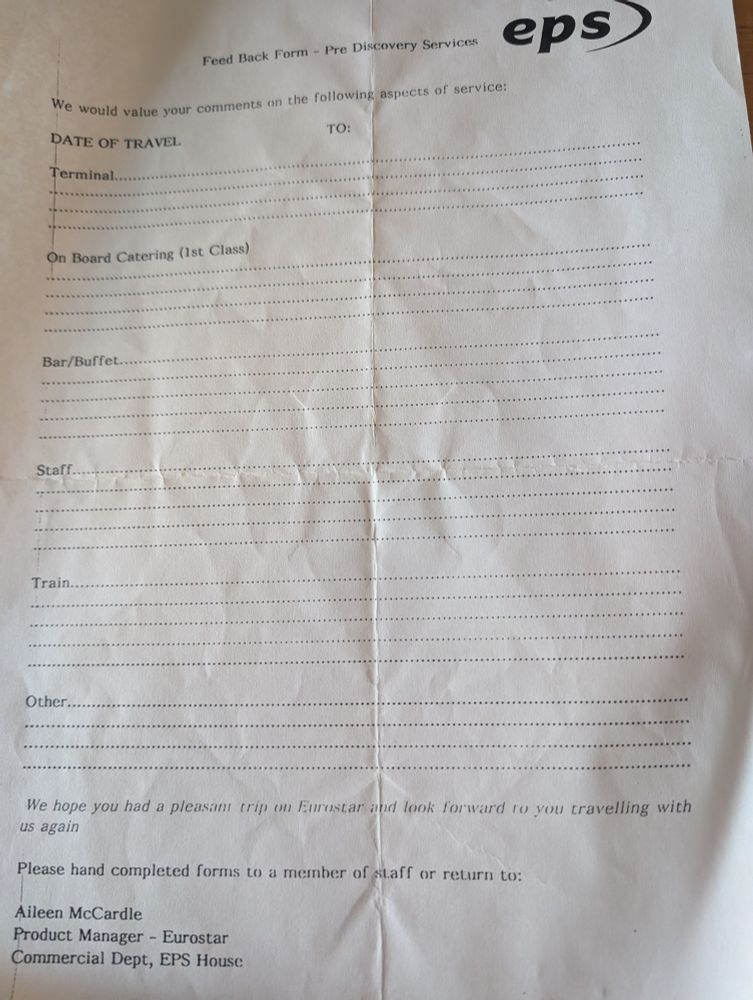 Piece of paper headed EPS Feedback Form Pre Discovery Services. 