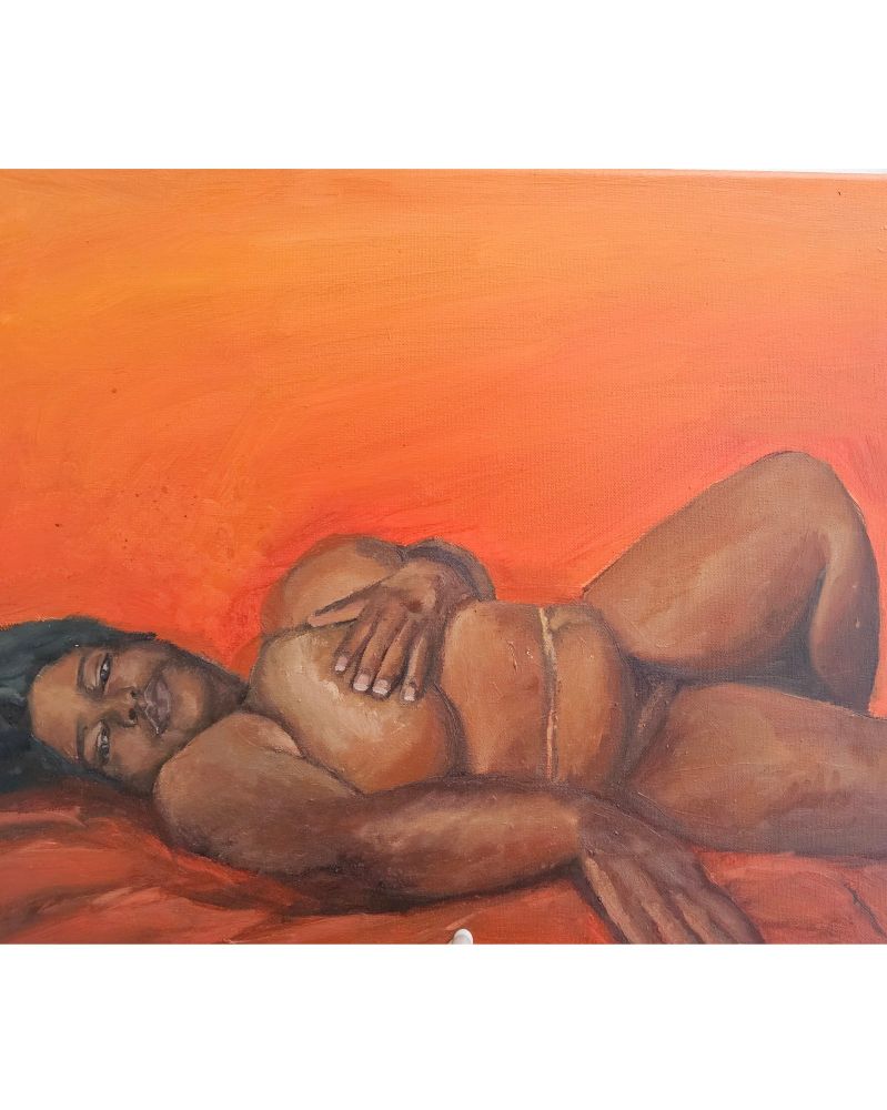 Painting of black nude woman laying on her back 