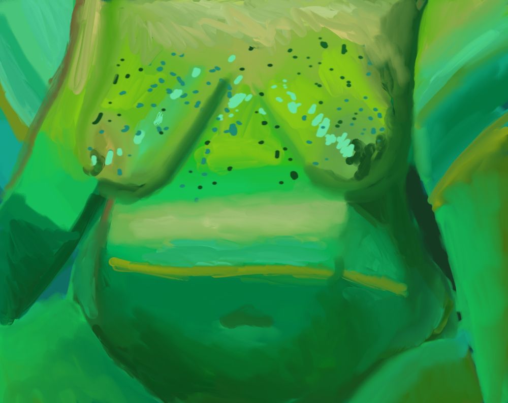 Picture of a person with their breasts out sitting in green lighting 