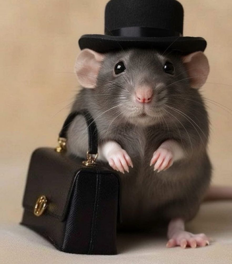 Rat wearing a bowler hat with a handbag. 