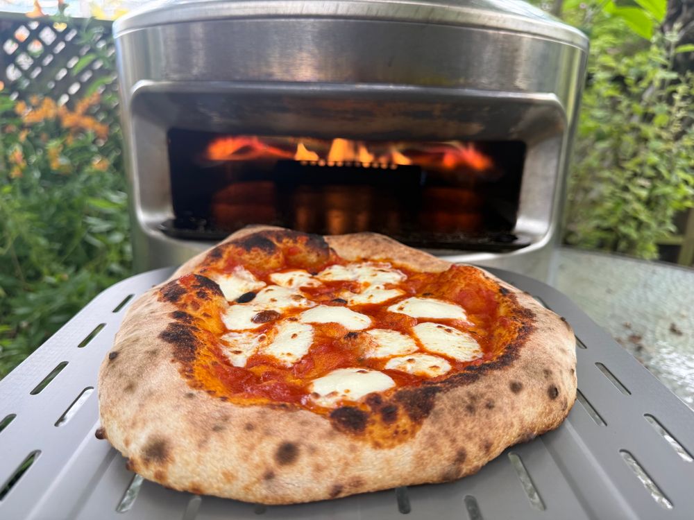 Fresh mozz pizza on a pizza peel coming out of pizza oven