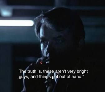 Image of Hal Holbrook as Deep Throat in All The Presidents Men saying "The truth is, these aren't very bright guys, and things got out of hand."