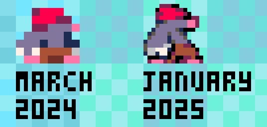 Max's first sprite, an 8x7 sprite using Pico-8's palette back in March of 2024, and an updated sprite, which is 15x15, uses Picotron's palette, and was made in January of 2025.