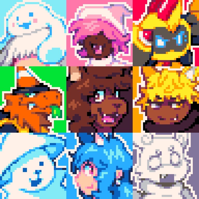 Top left: Elyz (Roblox avatar)
Top middle: Akane (Roblox avatar)
Top right: Joe (Pokémon)
Middle left: bob (OC)
Middle middle: Yamini (OC)
Middle right: youraverageafricanamerican (Roblox avatar)
Bottom left: Mitsu (Roblox avatar)
Bottom middle: peanutbutterlover777 (OC)
Bottom right: woolvington (OC)