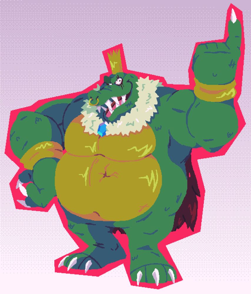 King K Rool donning a fur cape with a blue gem holding it together and a tattered, red part at the back, along with a gold nose ring, golden arm bands and a golden crown. He also has two scratch marks over his right eye. 
