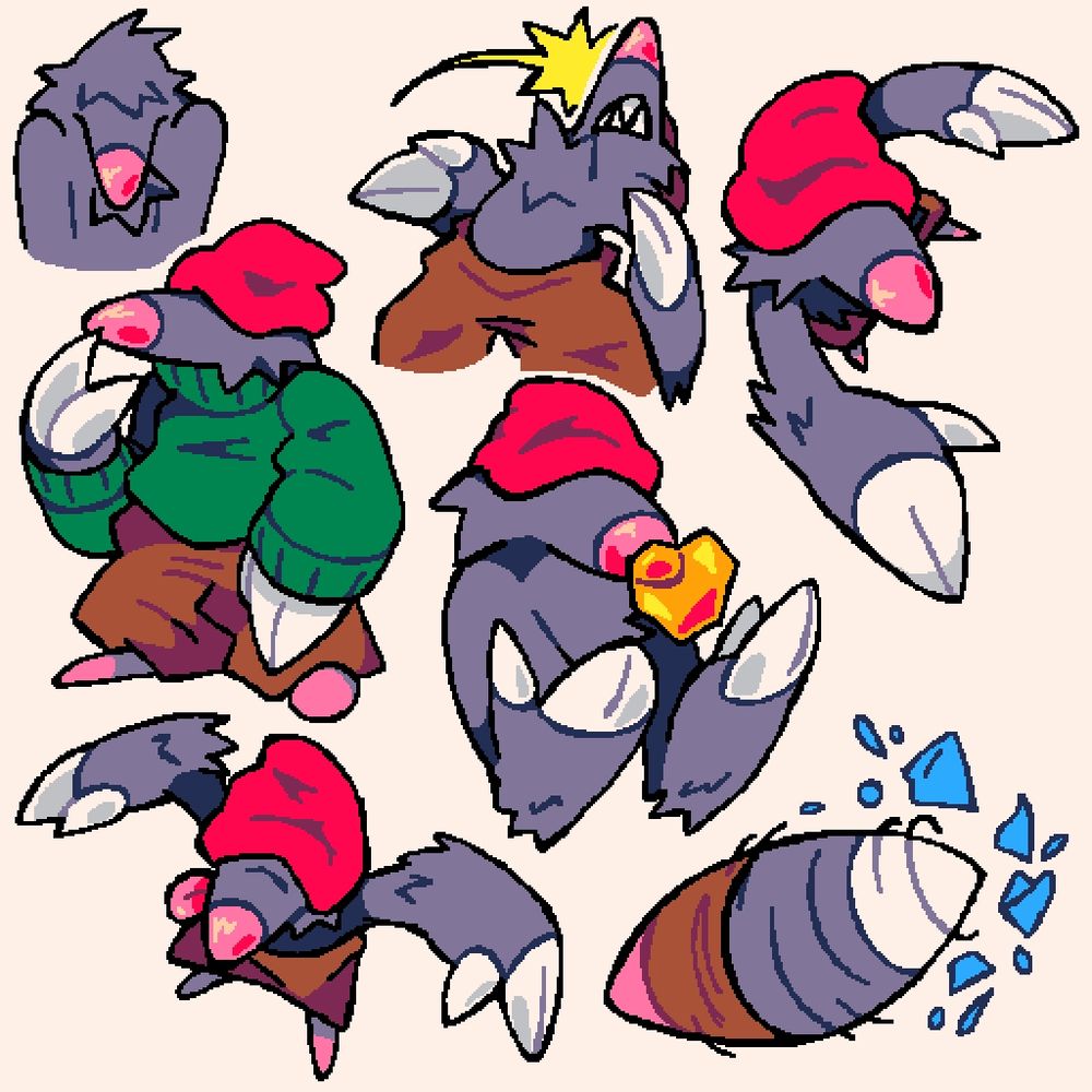 various max drawings with max doing various things, including: drilling, wearing sweater knitted by ben, getting hit, not wearing his beanie