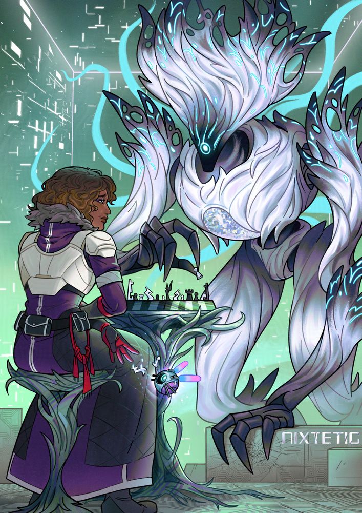 An illustration of two Destiny 2 characters, one human, one a Traveler-type Vex. They are playing a game of chess. 

The human, Lorelei is smirking in amusement, as she throws her opponent's chess pieces under the table for her ghost to teleport away. The Vex, Lethe, appears puzzled as it processes the missing pieces.