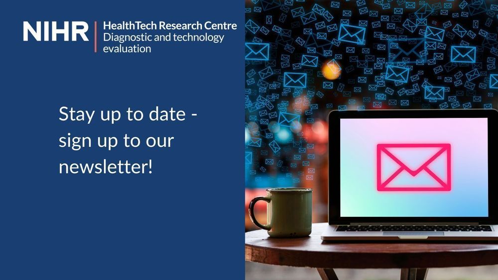 Top left is the NIHR HRC logo. Underneath is a call out to sign up to the newsletter. On the right is an image of a laptop with an envelope on the screen and a cup to the left of the laptop.
