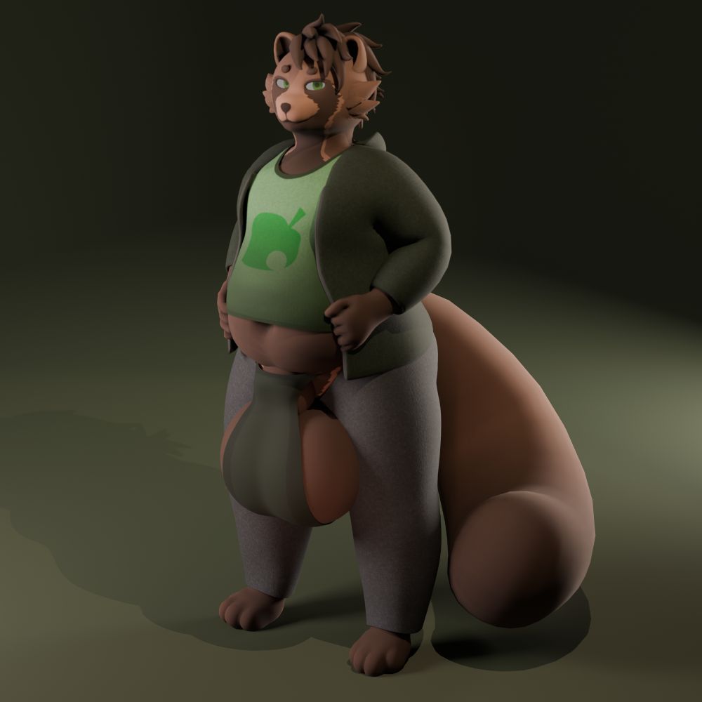 A Tanuki (me) showing off his outfit, being a jacket, a t-shirt, and some open-front pants with a poorly-contained underwear bulge.