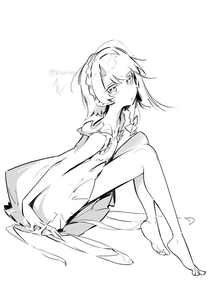 フリフリのワンピースを着た子が座っているイラスト、裾から出たリボンを手で押さえている