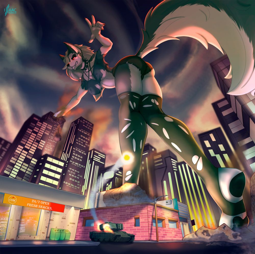mammal, canid, female, canine, anthro, hellhound, mythological creature, demon, mythological canine, macro, solo, city, clothing, vehicle, shorts, destruction, legwear, bottomwear, building, hand gesture, fur, butt, tank, v sign, breasts, red sclera, skyscraper, hair, building destruction, car, tail, looking at viewer, feet, digital media (artwork), clothed, gesture, city destruction, pawpads, under boob, english text, low-angle view, cityscape, thigh highs, city background, text, topwear, fingers, size difference, white body, paws, outside, white eyes, stockings, torn clothing, multicolored body, smile, white fur, hotpants