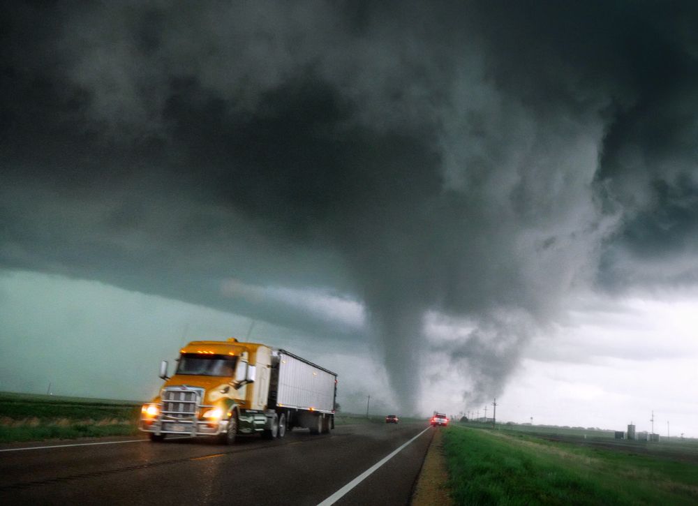 A tornado moves into the town of Selden, KS on May 24, 2021