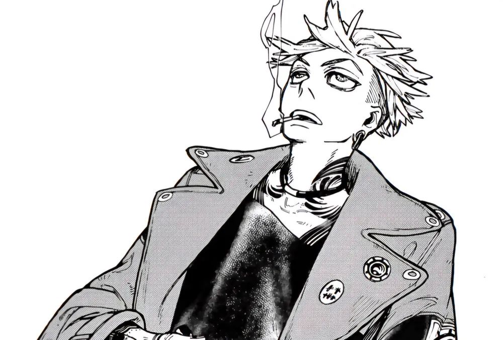 panel of enjin from the manga leaning back looking up smoking a cigarette 