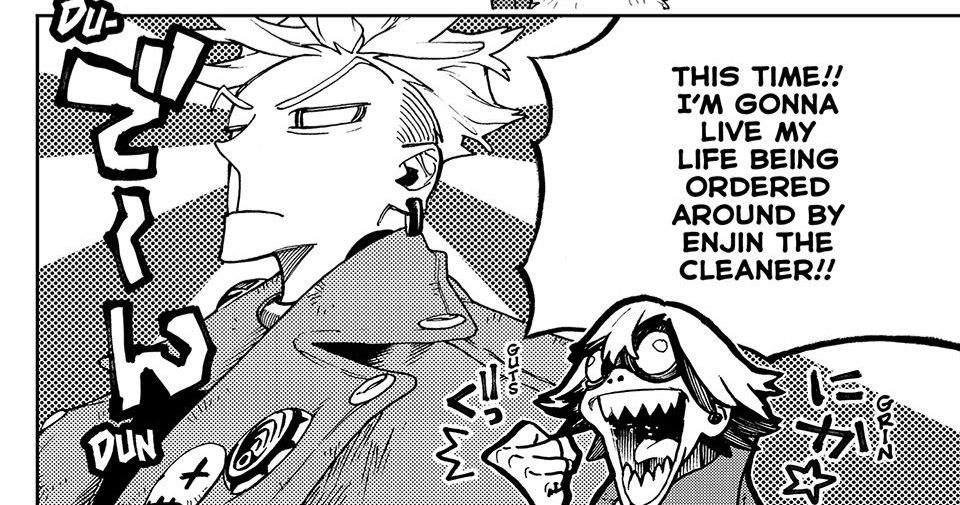 a panel from the gachiakuta manga of fu orostor excitedly shouting “this time!! i’m gonna live my life being ordered around by enjin the cleaner!!” while an imposing bust of enjin is behind him in the background