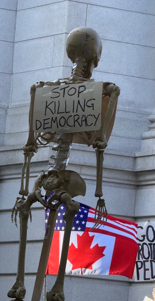 A skeleton on a pole with a sign that says STOP KILLING DEMOCRACY.  There is a combo American/Canadian flag flying nearby.