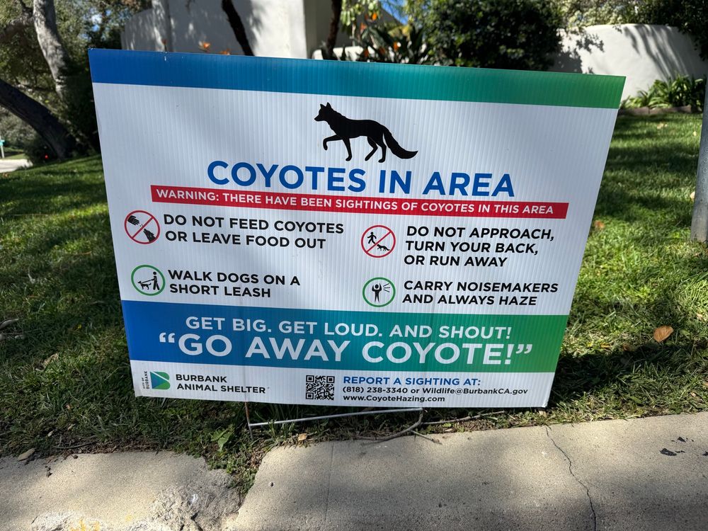 Sign that warns passersby that there are coyotes in the area, but for my joke purposes you only need to know that it says “Get big, get loud, and shout ‘go away, coyote!’”